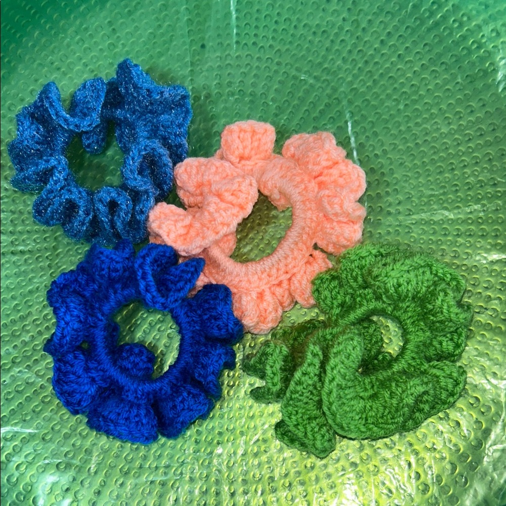 Vibrant Kids Hair Scrunchies Set of 4 crocheted. Handcrafted